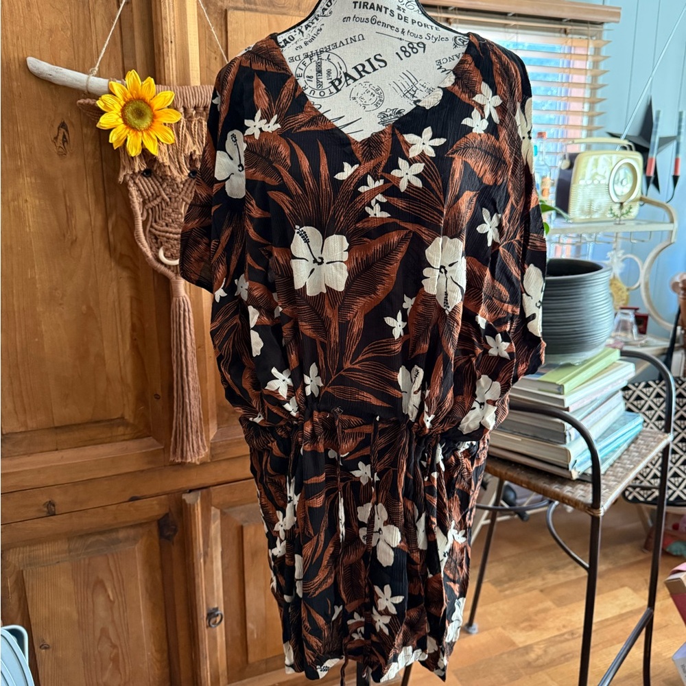 Lands' End Black and Brown Floral Swim Coverup